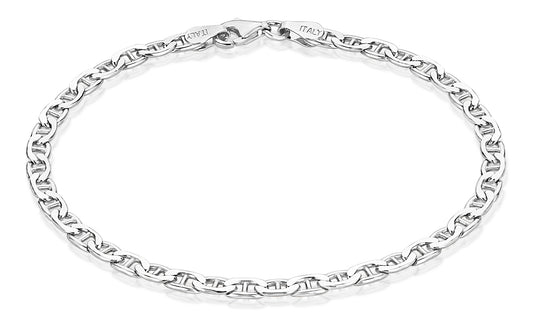 3.5mm Rhodium Plated Silver Flat Mariner Chain Bracelet