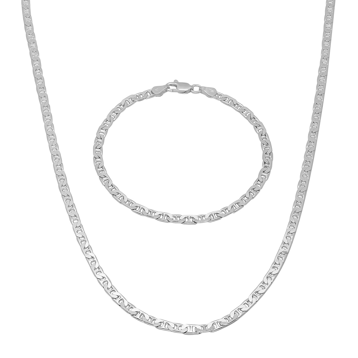 3.5mm Solid .925 Sterling Silver Flat Mariner Chain Necklace + Bracelet Set