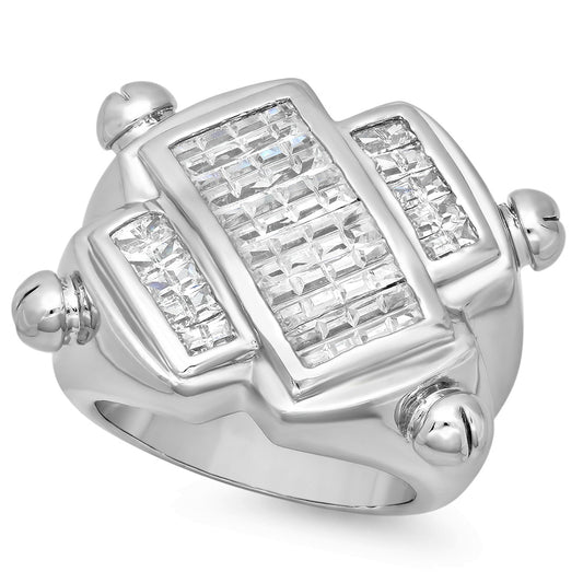 Men's Rhodium Plated Solid 925 Sterling Silver Ring With CZ Stones + Anti-Tarnish Velvet Pouch