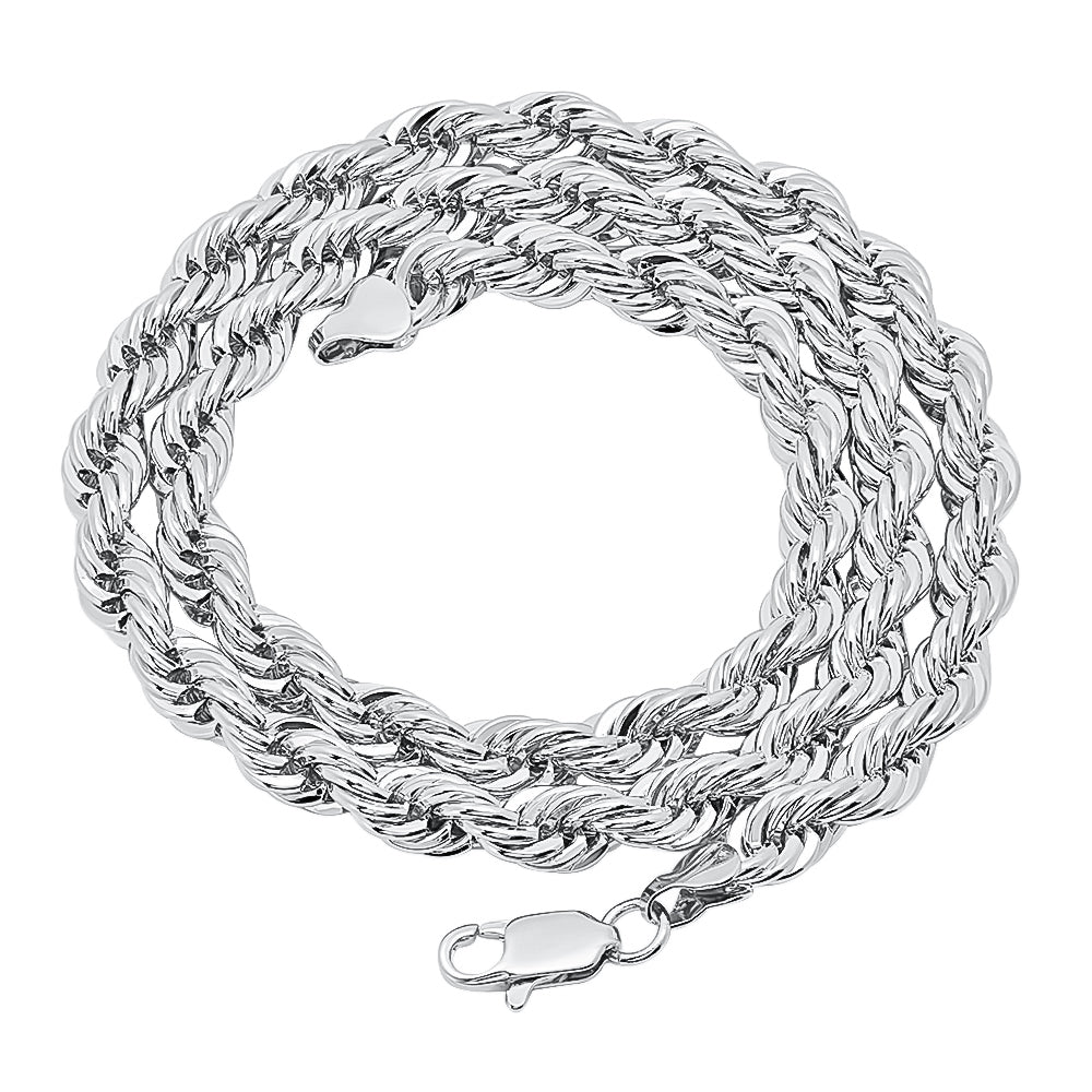 Men's 6.7mm High-Polished 0.25 mils (6 microns) Rhodium Brass Twisted Rope Chain Necklace, 7'-36' (SKU: RL-007)