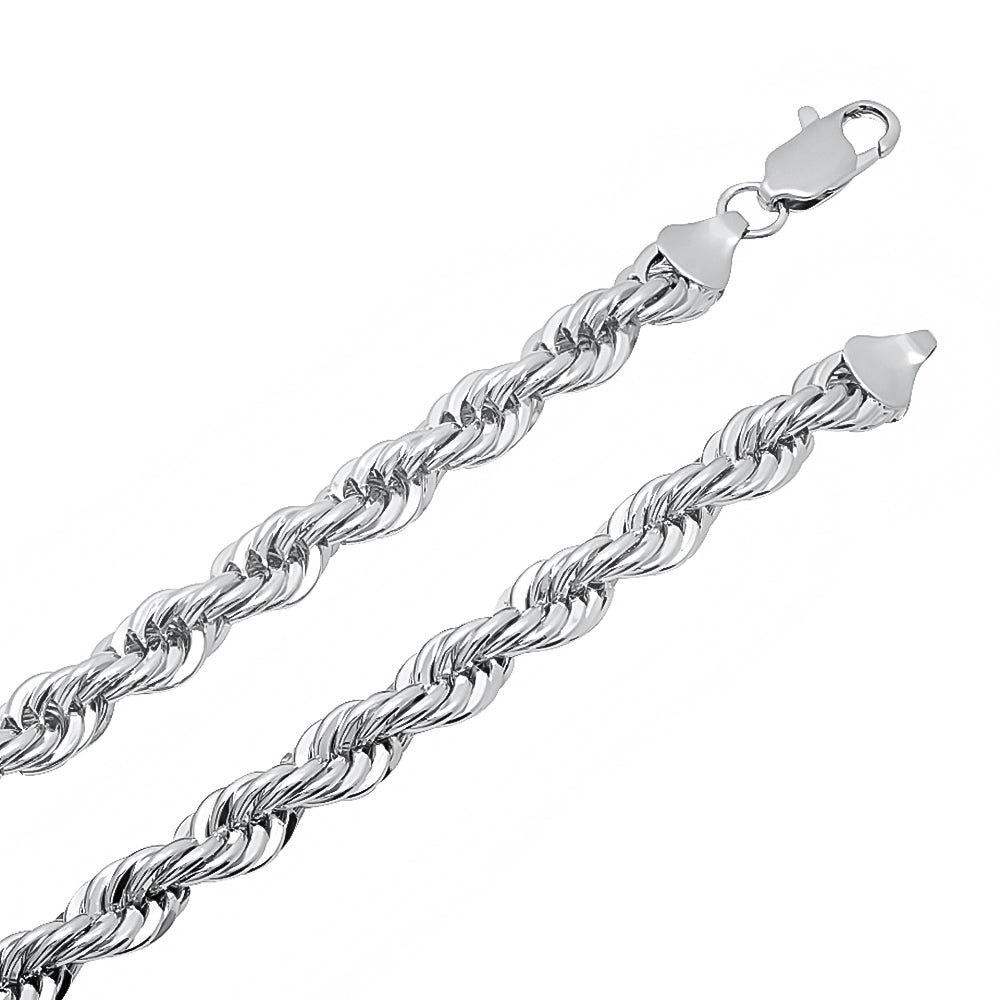 Men's 6.7mm High-Polished 0.25 mils (6 microns) Rhodium Brass Twisted Rope Chain Necklace, 7'-36' (SKU: RL-007)
