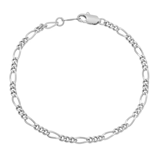 3mm Rhodium Plated Flat Figaro Chain Bracelet