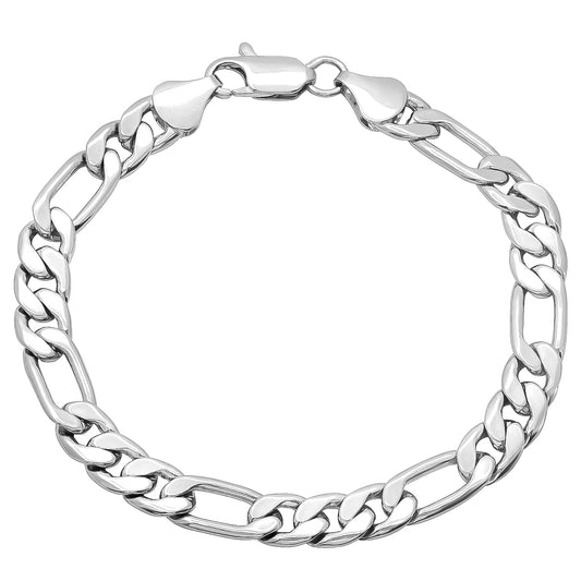 7mm Rhodium Plated Flat Figaro Chain Bracelet