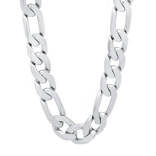 9.5mm Rhodium Plated Flat Figaro Chain Necklace