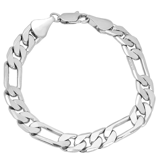 9.5mm Rhodium Plated Flat Figaro Chain Bracelet