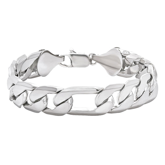 12mm Rhodium Plated Flat Figaro Chain Bracelet