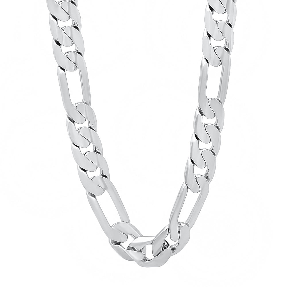 9.3mm Rhodium Plated Flat Figaro Chain Necklace