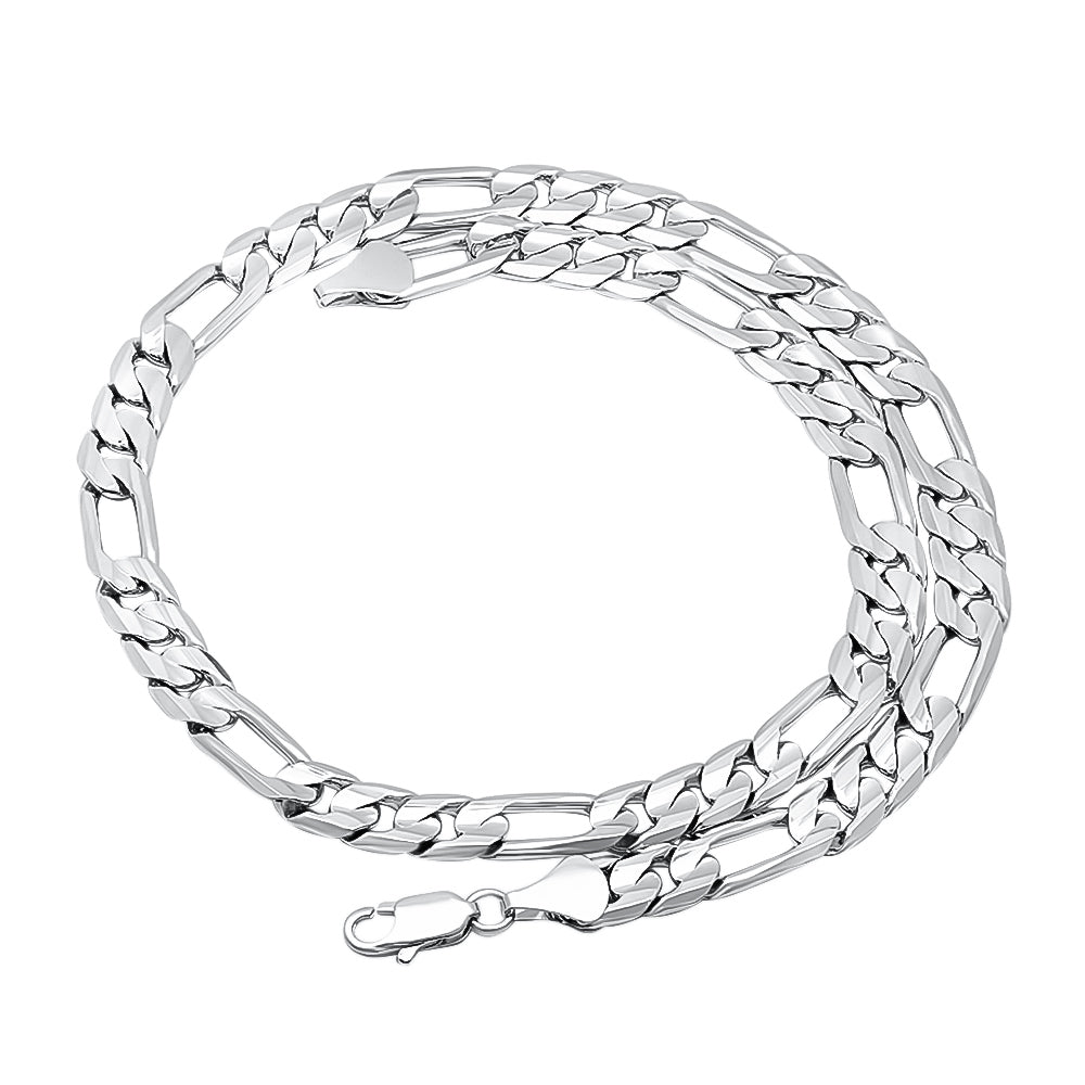 9.3mm Rhodium Plated Flat Figaro Chain Necklace