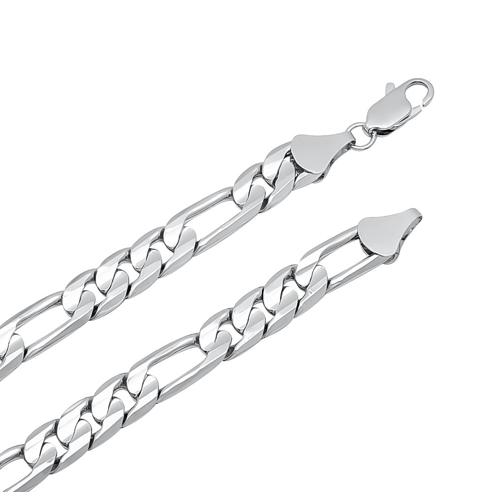 9.3mm Rhodium Plated Flat Figaro Chain Necklace