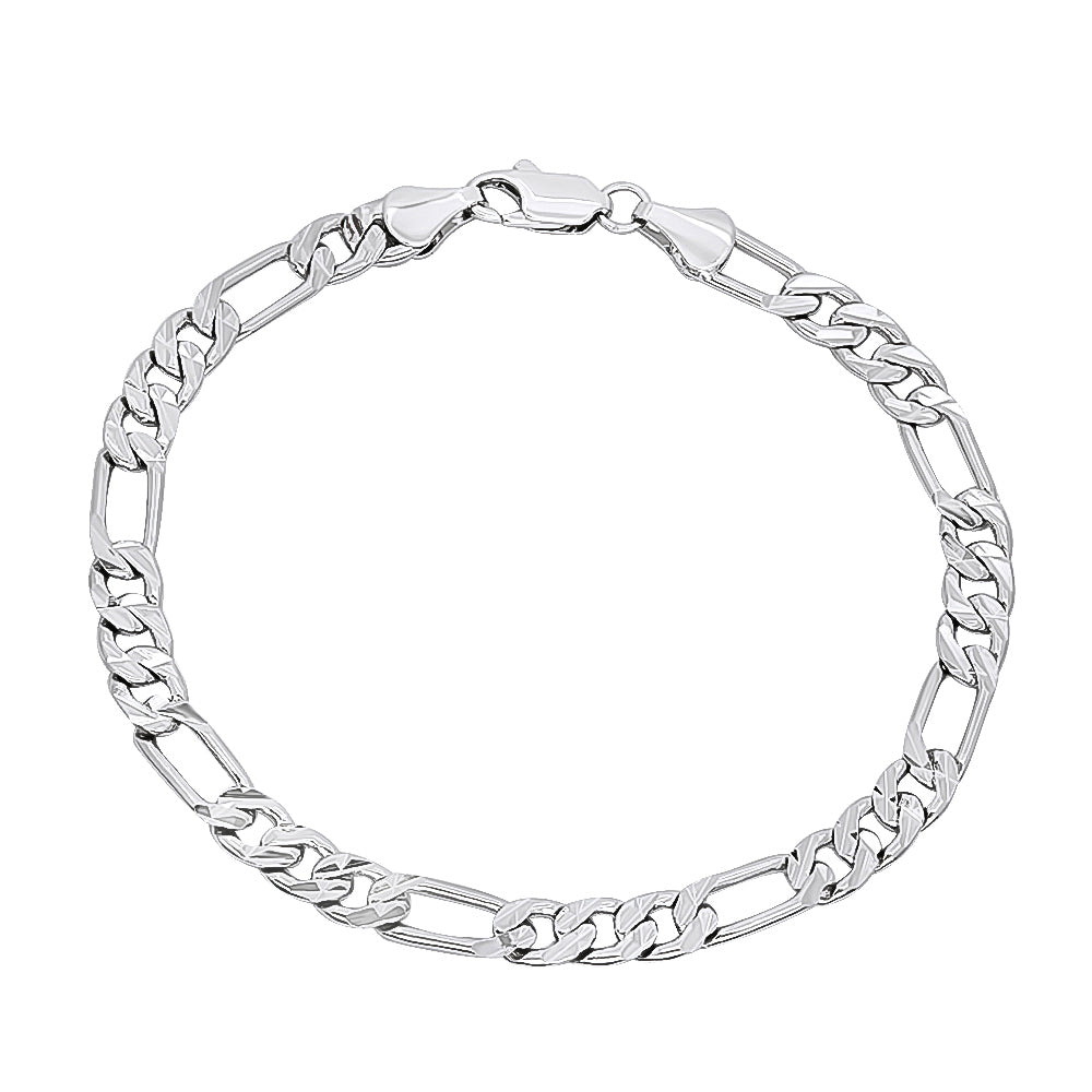 5.5mm Diamond-Cut Rhodium Plated Flat Figaro Chain Bracelet