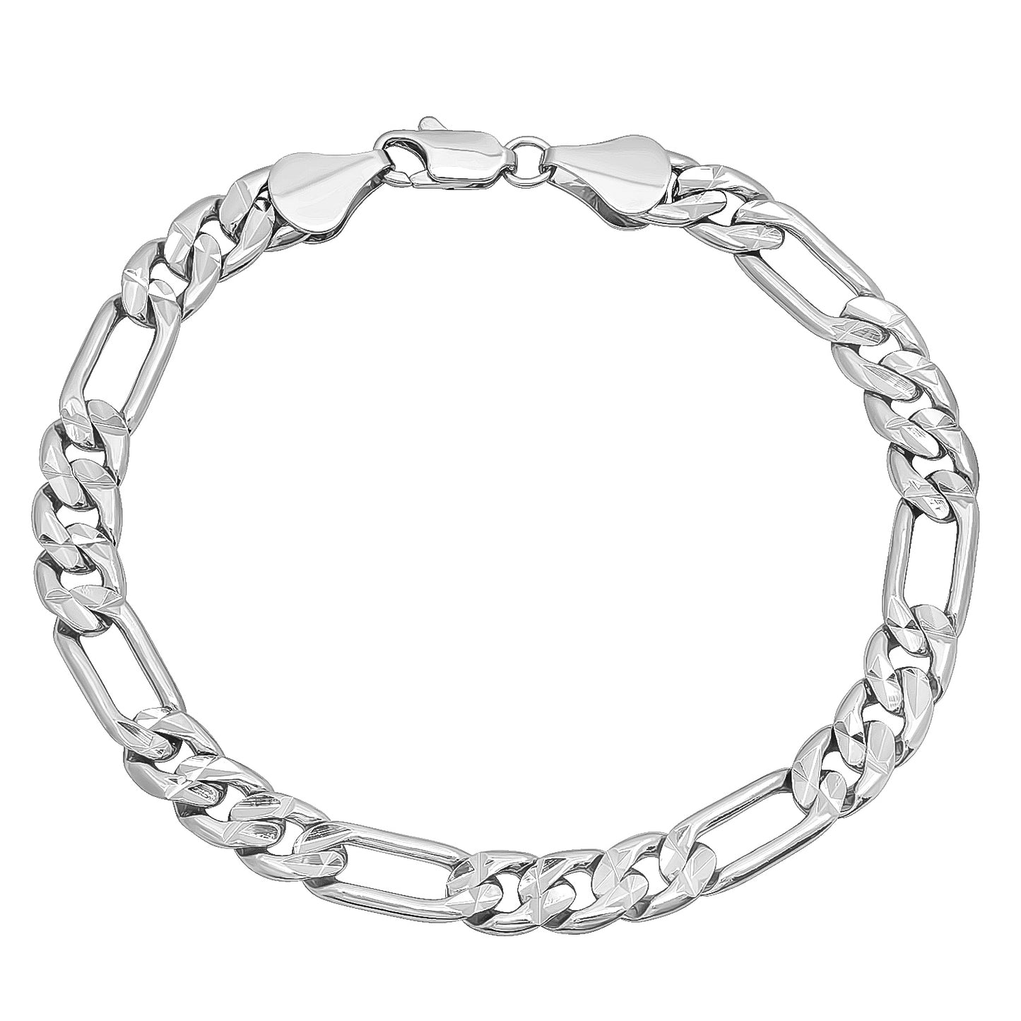 7mm Diamond-Cut Rhodium Plated Flat Figaro Chain Bracelet