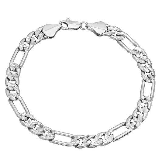 7mm Diamond-Cut Rhodium Plated Flat Figaro Chain Bracelet