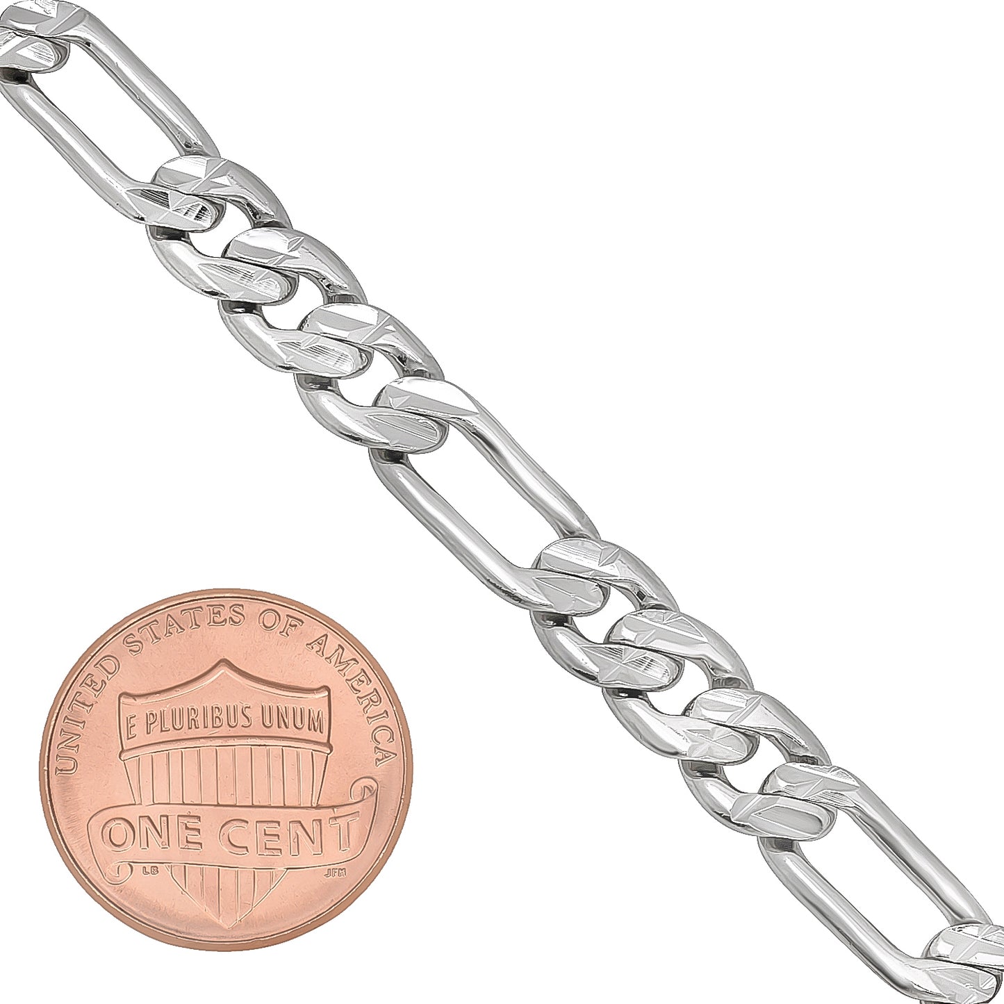 7mm Diamond-Cut Rhodium Plated Flat Figaro Chain Bracelet