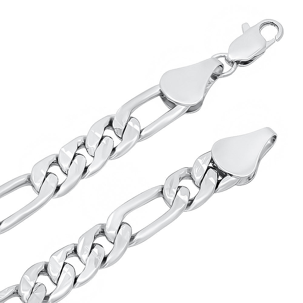 9mm Diamond-Cut Rhodium Plated Flat Figaro Chain Necklace