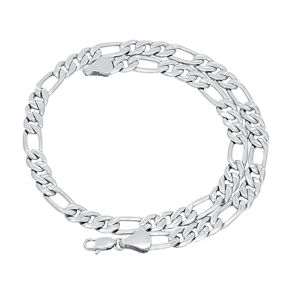 9mm Diamond-Cut Rhodium Plated Flat Figaro Chain Necklace