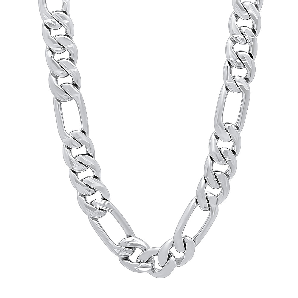 9mm Diamond-Cut Rhodium Plated Flat Figaro Chain Necklace