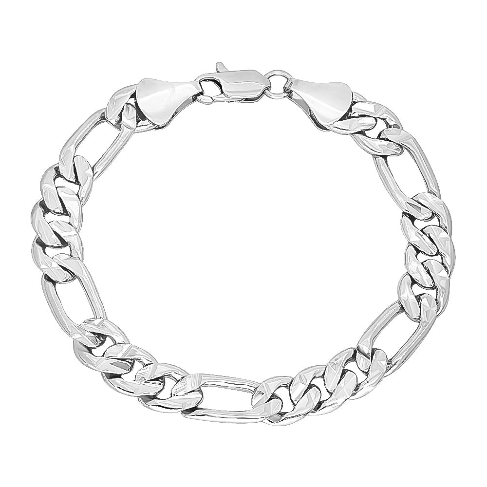 9mm Diamond-Cut Rhodium Plated Flat Figaro Chain Necklace