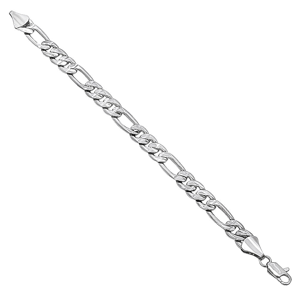 9mm Diamond-Cut Rhodium Plated Flat Figaro Chain Necklace