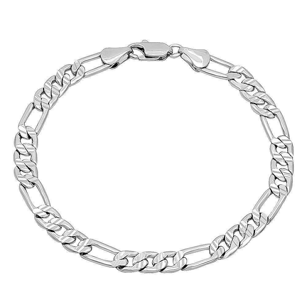 6mm Diamond-Cut Rhodium Plated Flat Figaro Chain Bracelet