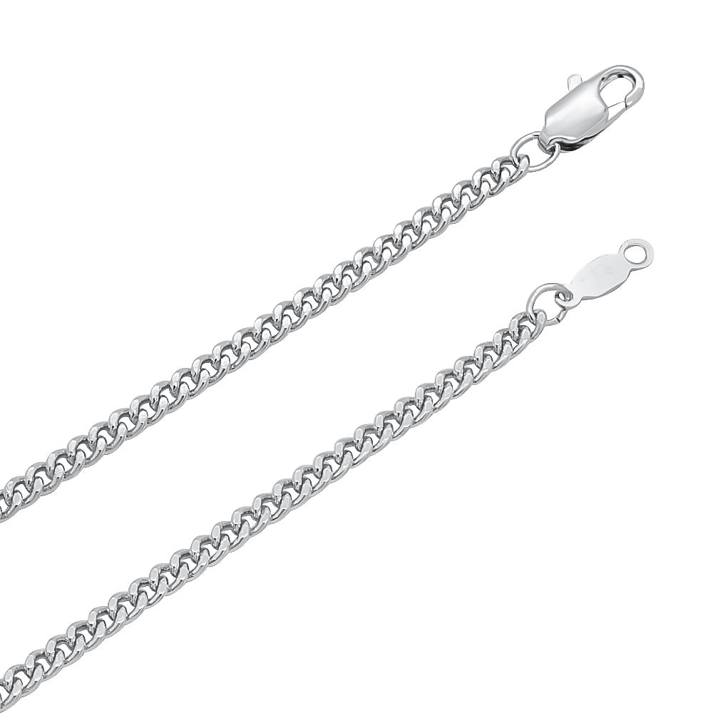 3mm Polished Rhodium Plated Flat Cuban Link Curb Chain Necklace + Gift Box