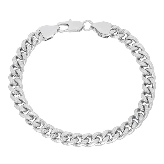 7mm Diamond-Cut Rhodium Plated Flat Beveled Curb Curb Chain Link Bracelet