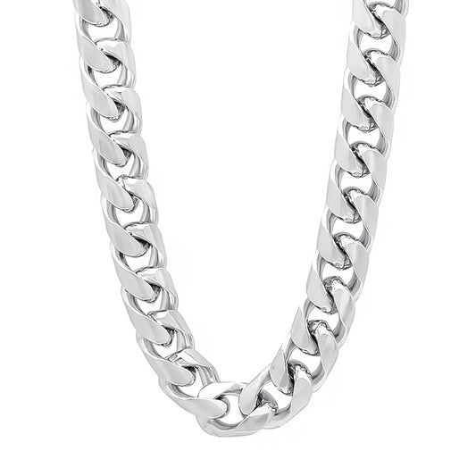 9.3mm Rhodium Plated Flat Cuban Link Curb Chain Necklace