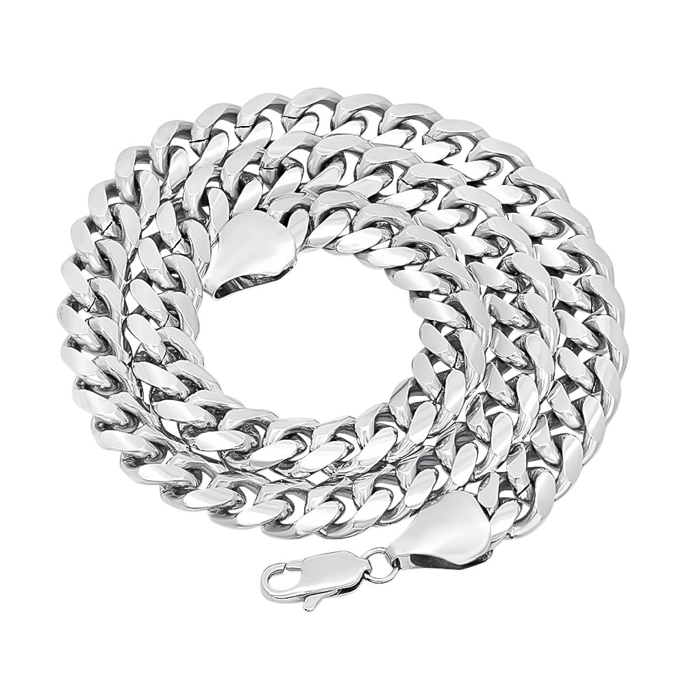 11mm Rhodium Plated Flat Cuban Link Curb Chain Necklace