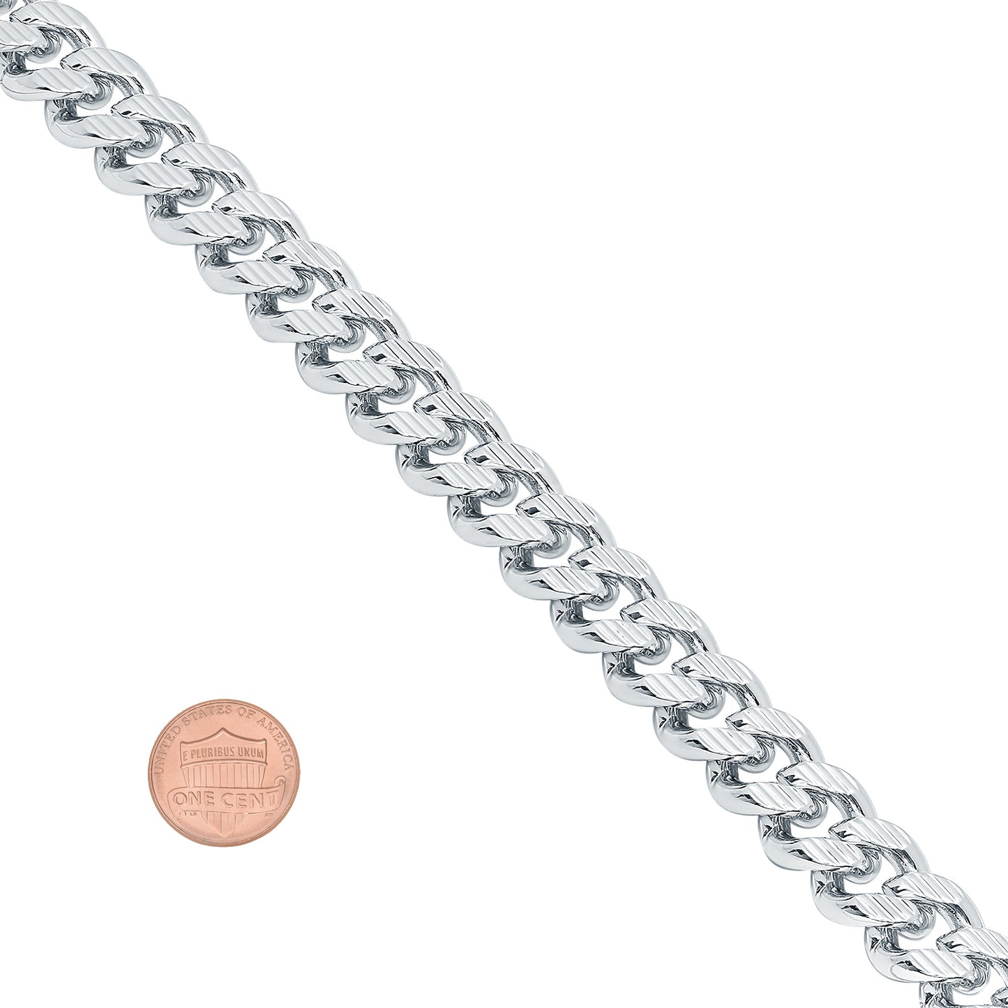 11mm Diamond-Cut Rhodium Plated Flat Cuban Link Curb Chain Necklace