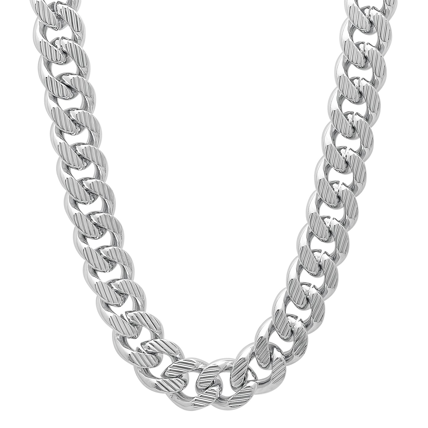 11mm Diamond-Cut Rhodium Plated Flat Cuban Link Curb Chain Necklace