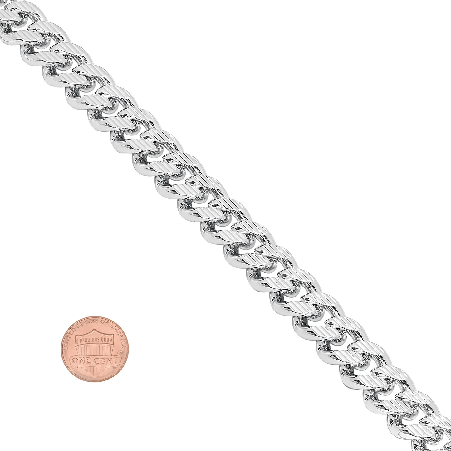 11mm Diamond-Cut Rhodium Plated Flat Cuban Link Curb Chain Necklace