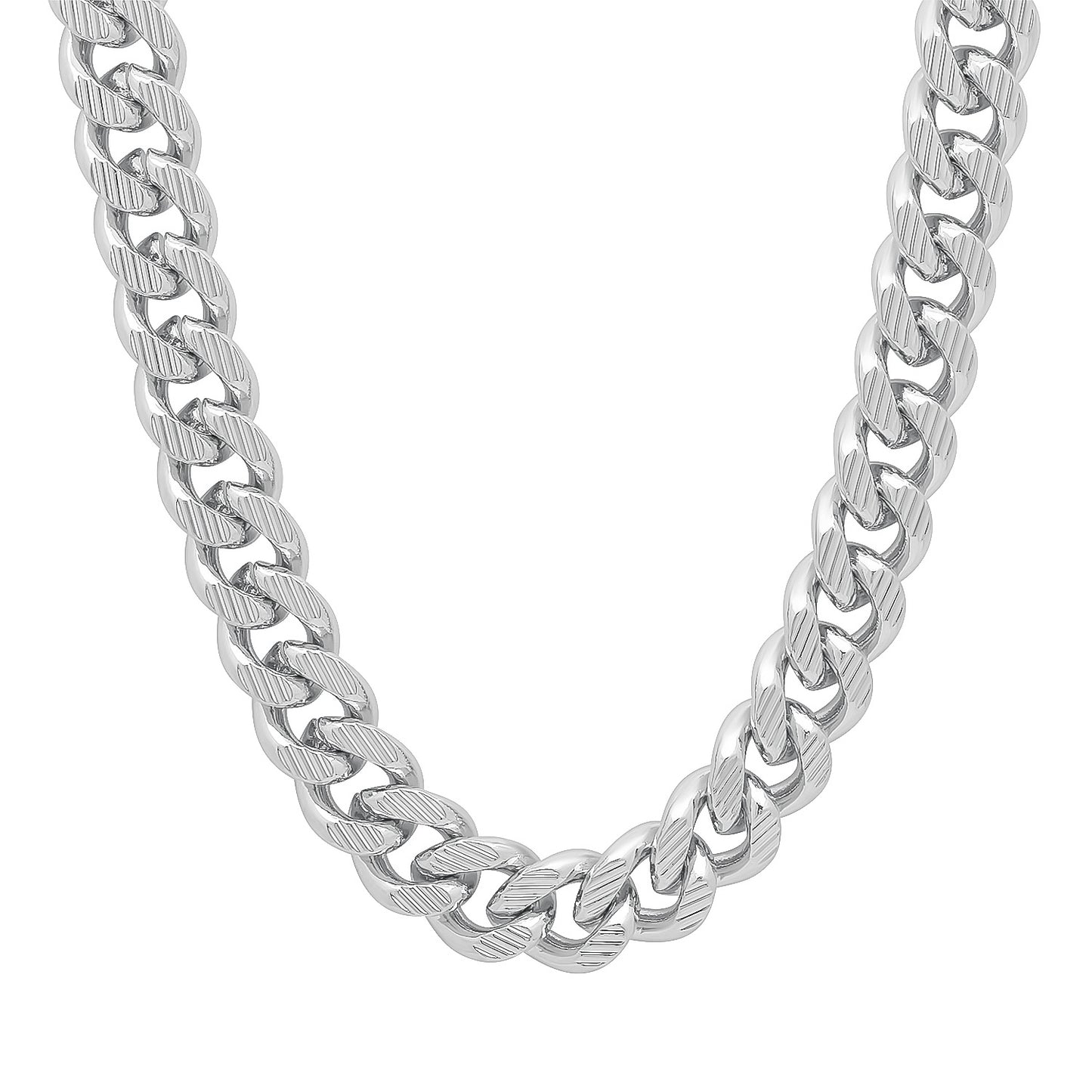 11mm Diamond-Cut Rhodium Plated Flat Cuban Link Curb Chain Necklace