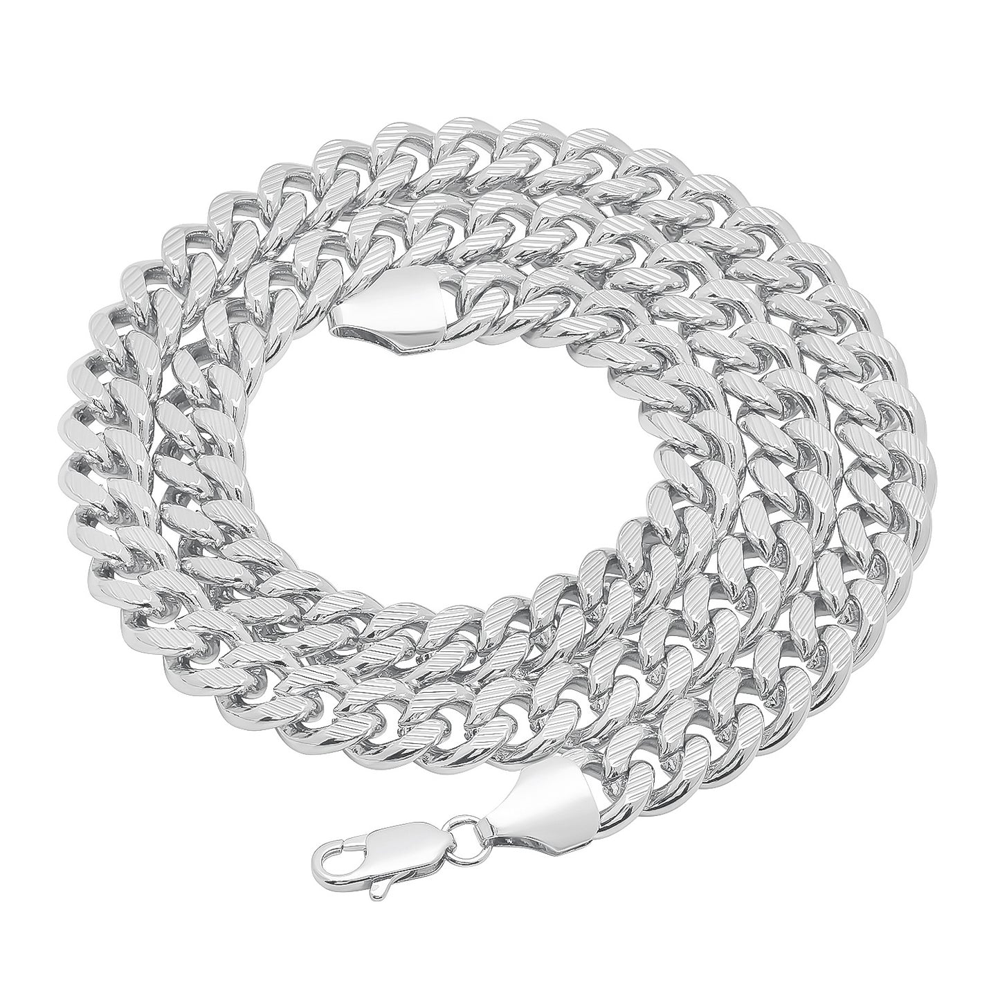 11mm Diamond-Cut Rhodium Plated Flat Cuban Link Curb Chain Necklace