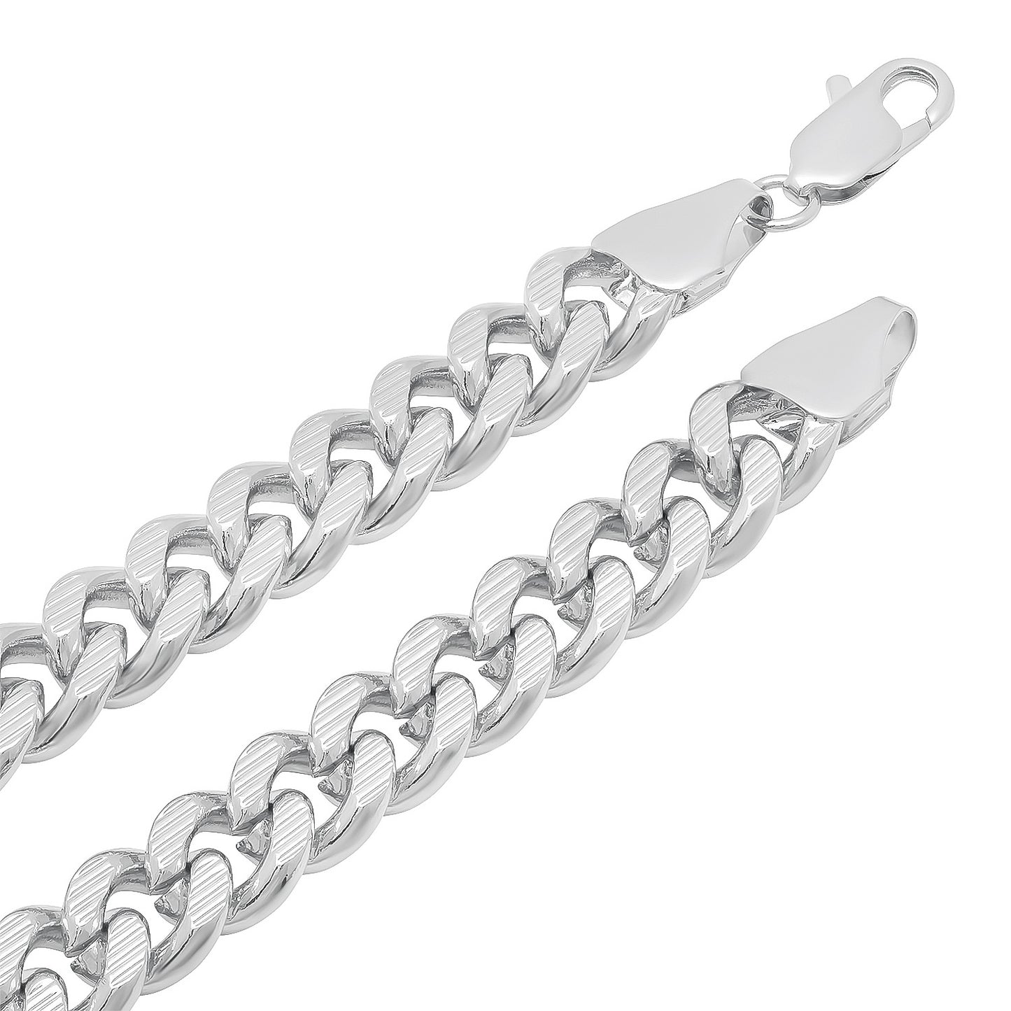 11mm Diamond-Cut Rhodium Plated Flat Cuban Link Curb Chain Necklace