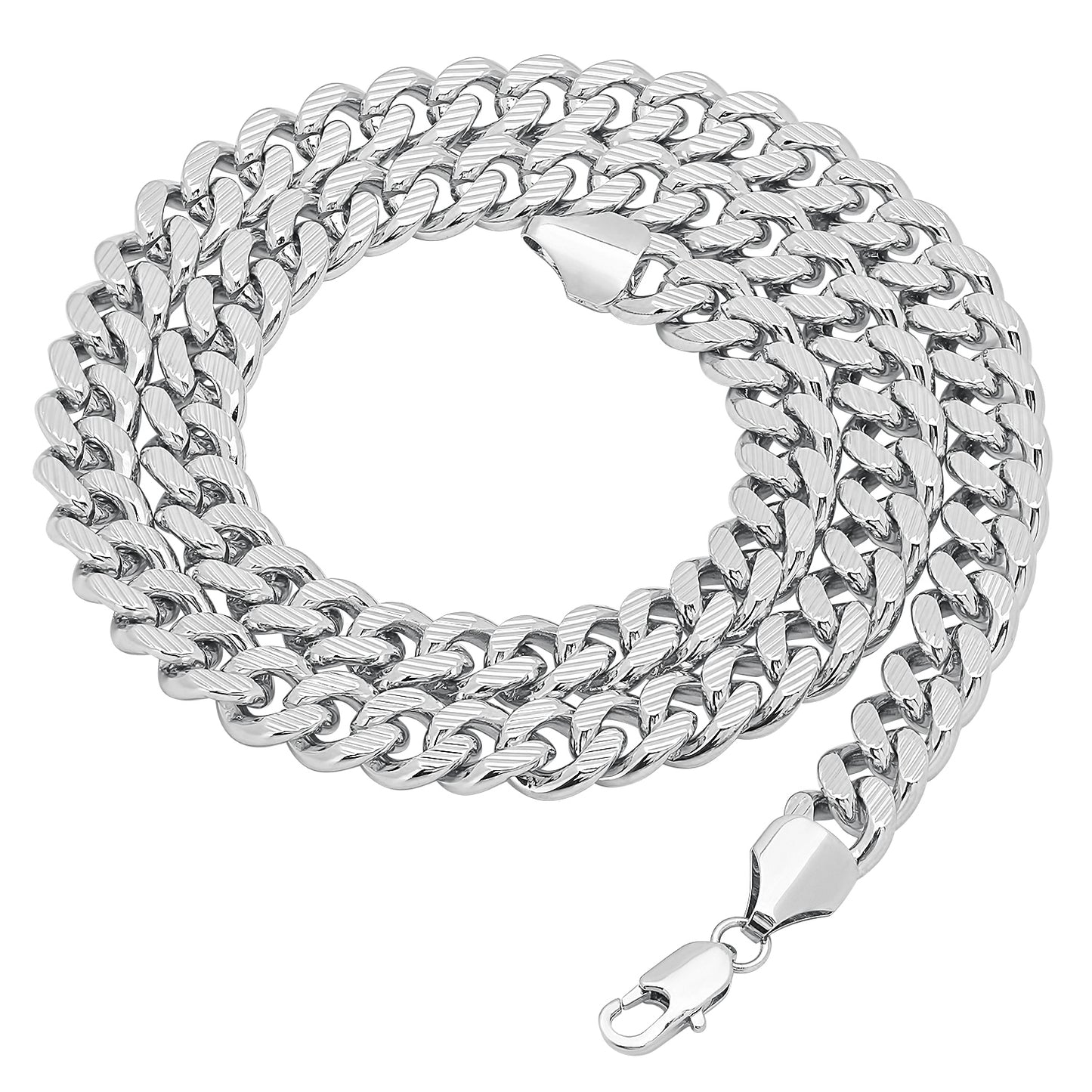 11mm Diamond-Cut Rhodium Plated Flat Cuban Link Curb Chain Necklace