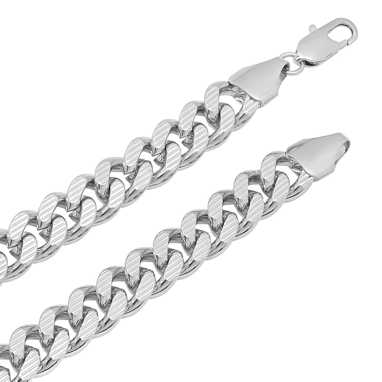 11mm Diamond-Cut Rhodium Plated Flat Cuban Link Curb Chain Necklace