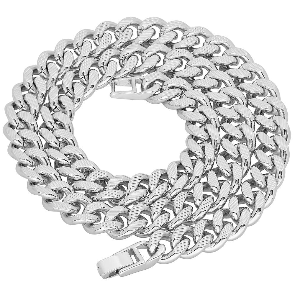 11mm Diamond-Cut Rhodium Plated Flat Cuban Link Curb Chain Necklace