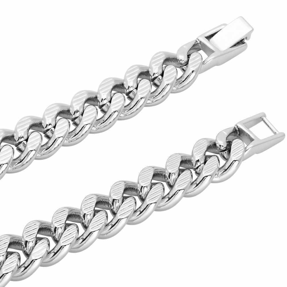 11mm Diamond-Cut Rhodium Plated Flat Cuban Link Curb Chain Necklace