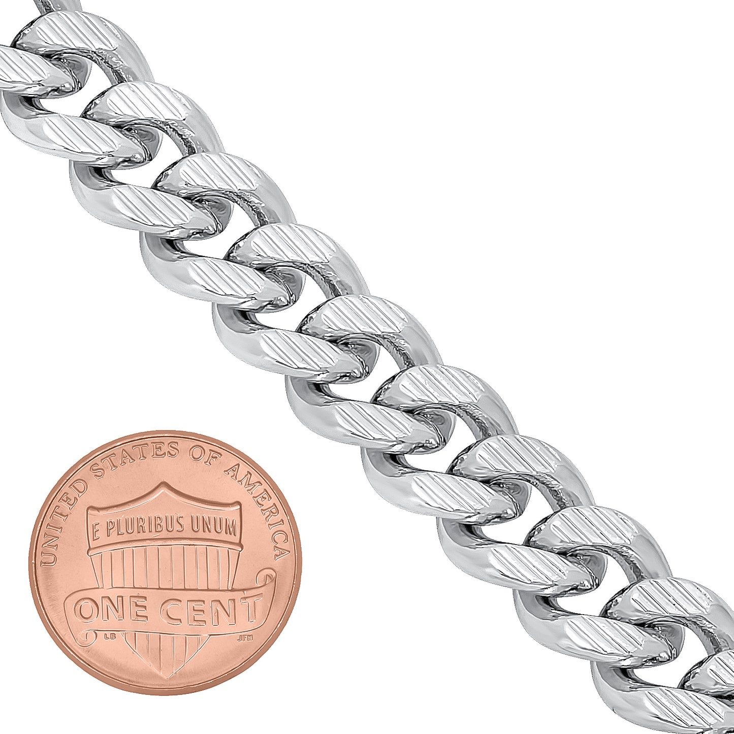 11mm Diamond-Cut Rhodium Plated Flat Cuban Link Curb Chain Necklace