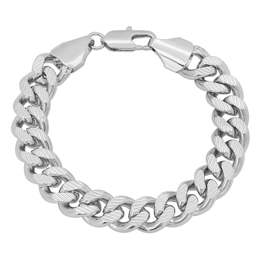 10.7mm Diamond-Cut Rhodium Plated Flat Curb Chain Link Bracelet