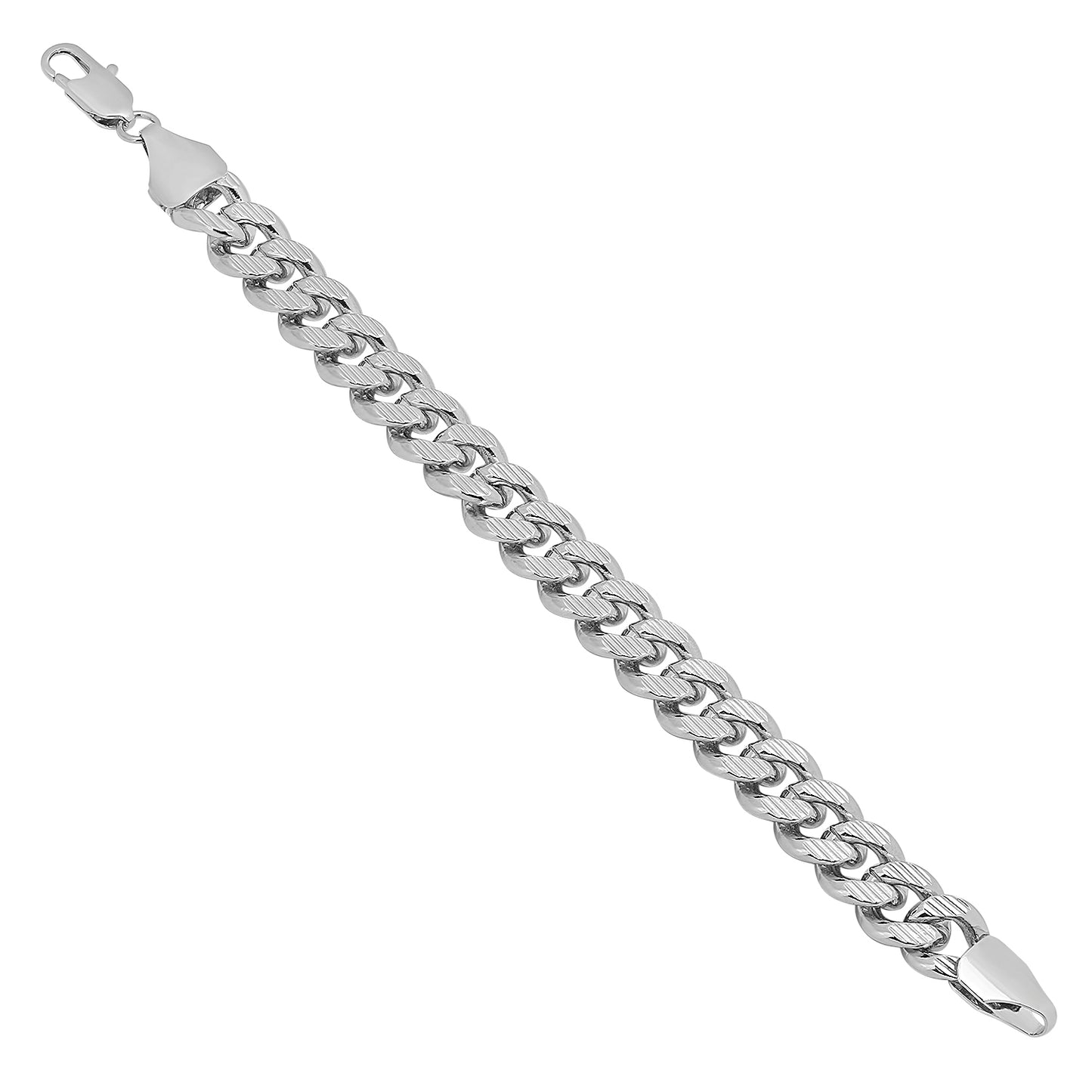 11mm Diamond-Cut Rhodium Plated Flat Cuban Link Curb Chain Necklace