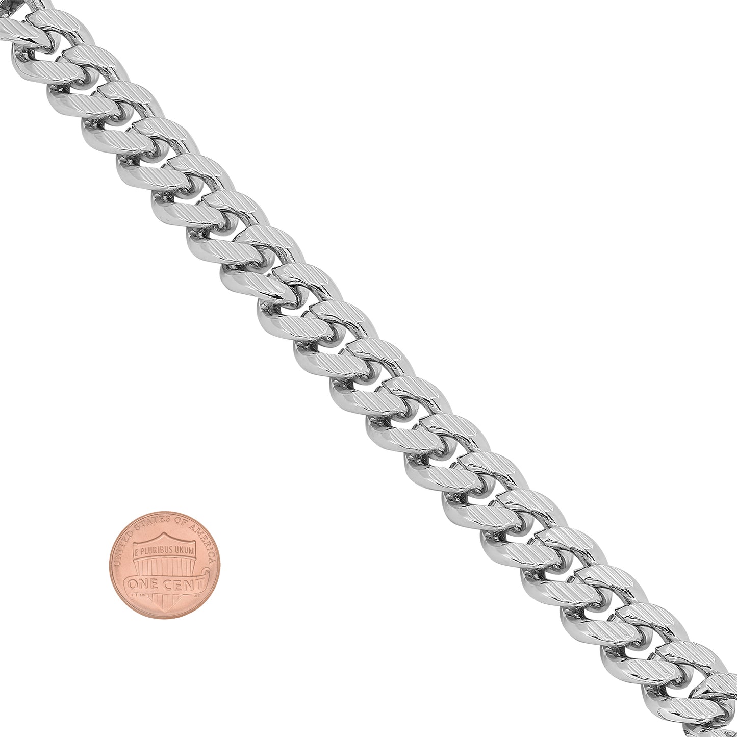 11mm Diamond-Cut Rhodium Plated Flat Cuban Link Curb Chain Necklace