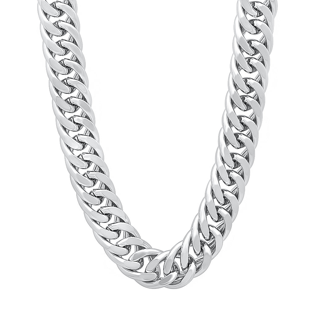 8.5mm Rhodium Plated Flat Cuban Link Curb Chain Necklace