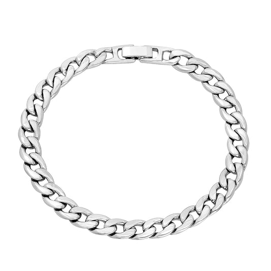 7mm Rhodium Plated Flat Curb Chain Bracelet