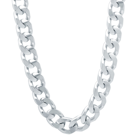 7.5mm Rhodium Plated Beveled Curb Chain Necklace