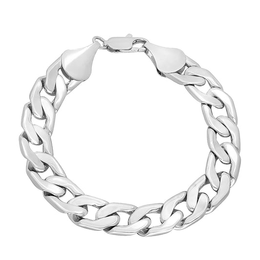 11.5mm Rhodium Plated Flat Beveled Curb Curb Chain Link Bracelet