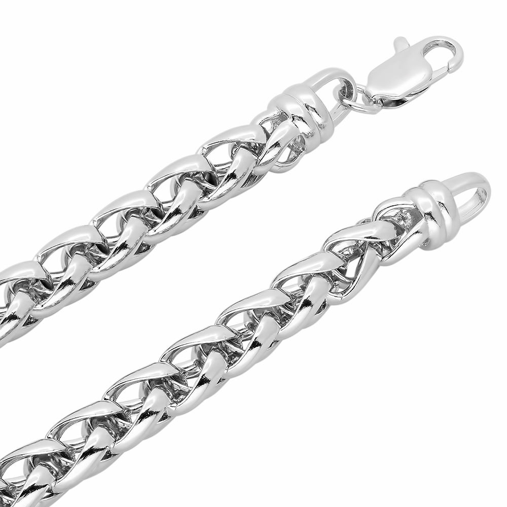 Men's 7.5mm 25 mills Rhodium Plated Silver Wheat Chain Necklace, 8'9'24'30'36" + Jewelry Cloth (SKU: RL-097C)