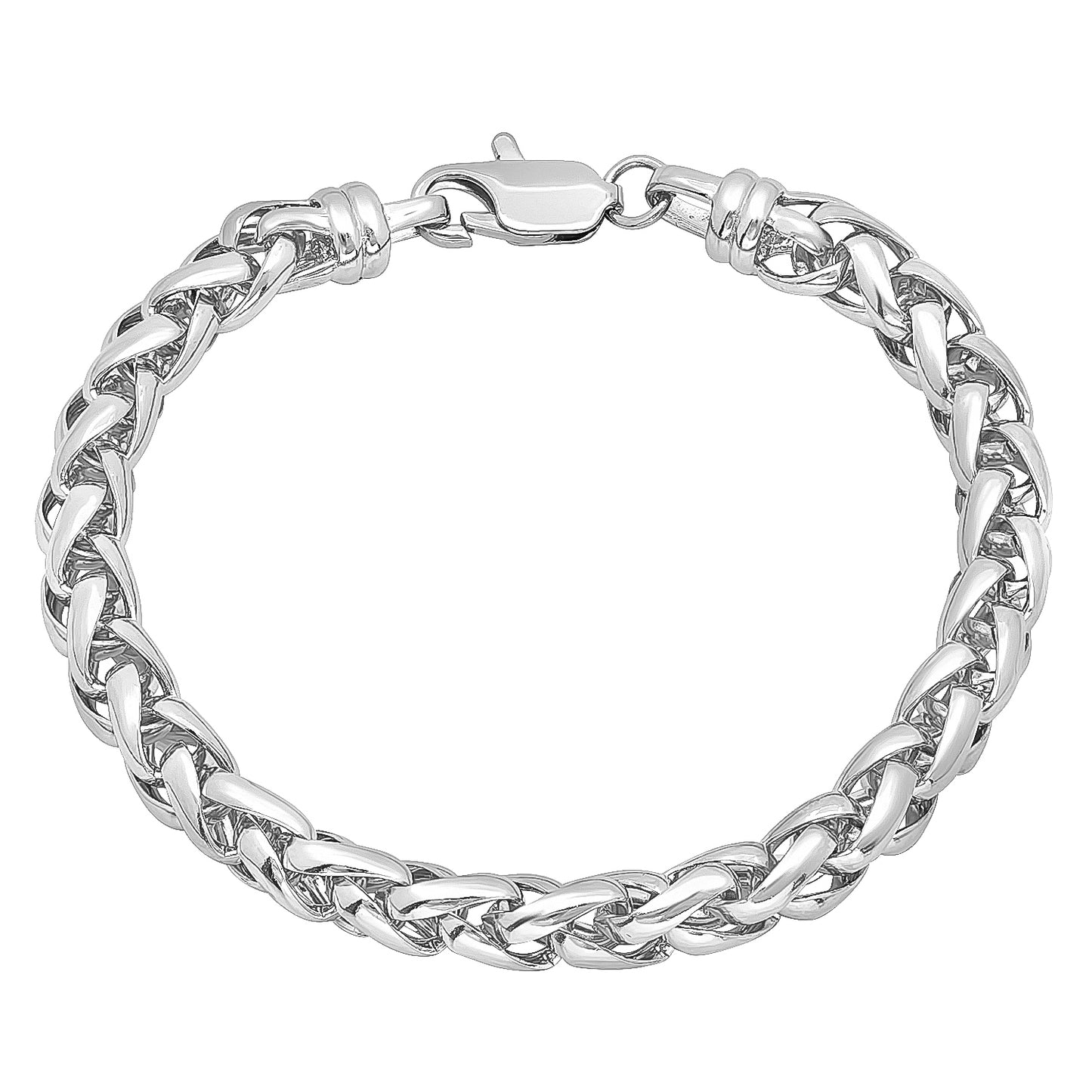 Men's 7.5mm 25 mills Rhodium Plated Silver Wheat Chain Necklace, 8'9'24'30'36" + Jewelry Cloth (SKU: RL-097C)