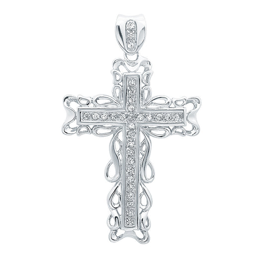 Large 48.5mm x 6.4 cm Rhodium Plated Filigree Framed CZ Cross Pendant