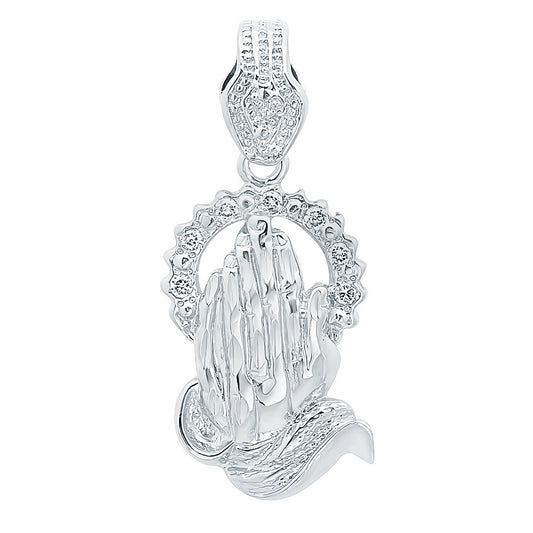 Rhodium Plated 26.5mm x 41.5mm Praying Hands With CZ Halo Pendant