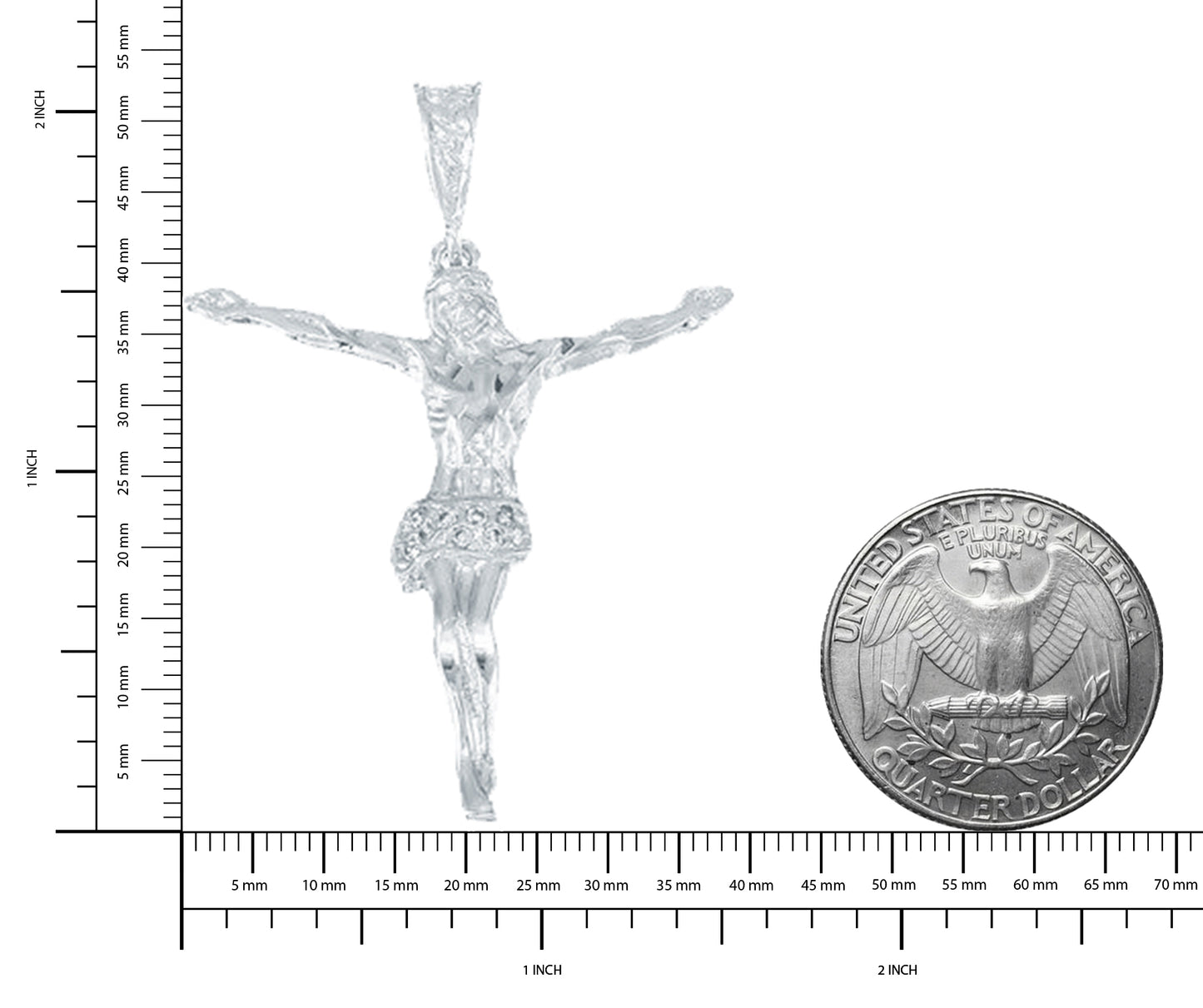 Large 49mm x 5.2 cm Rhodium Plated CZ Accented Jesus Crucifix Pendant + Jewelry Polishing Cloth (SKU: RL-czp71)